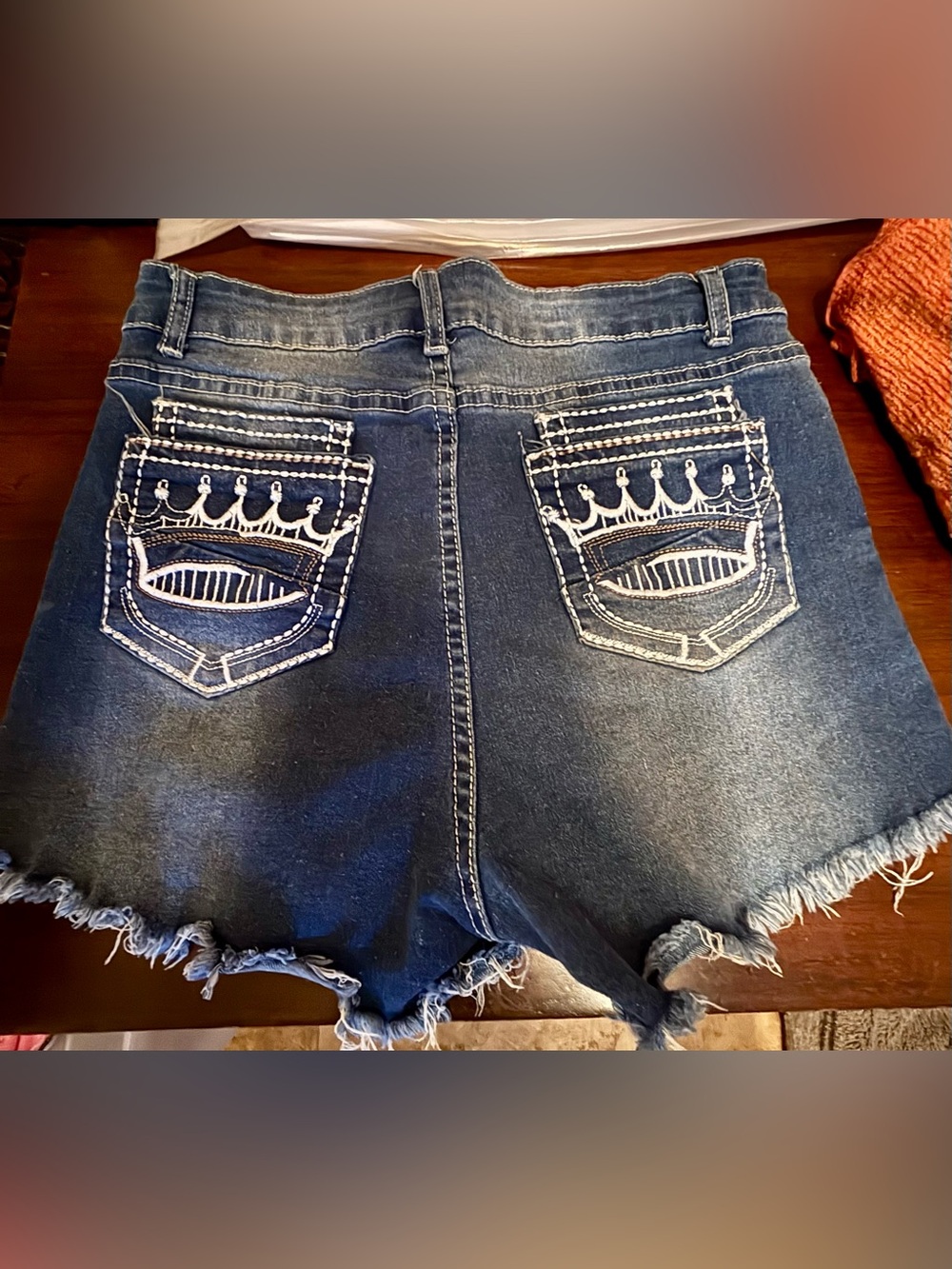 Women’s Dark Blue Embroidered Pocket Denim Shorts